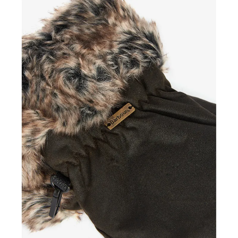 Barbour Wax Mittens with Fur Trim - Olive