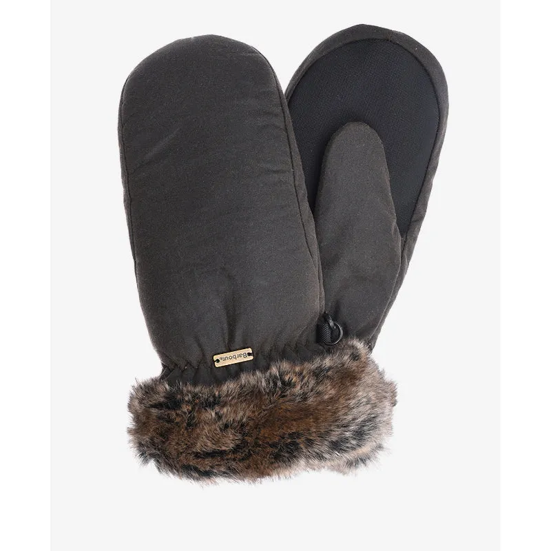 Barbour Wax Mittens with Fur Trim - Olive