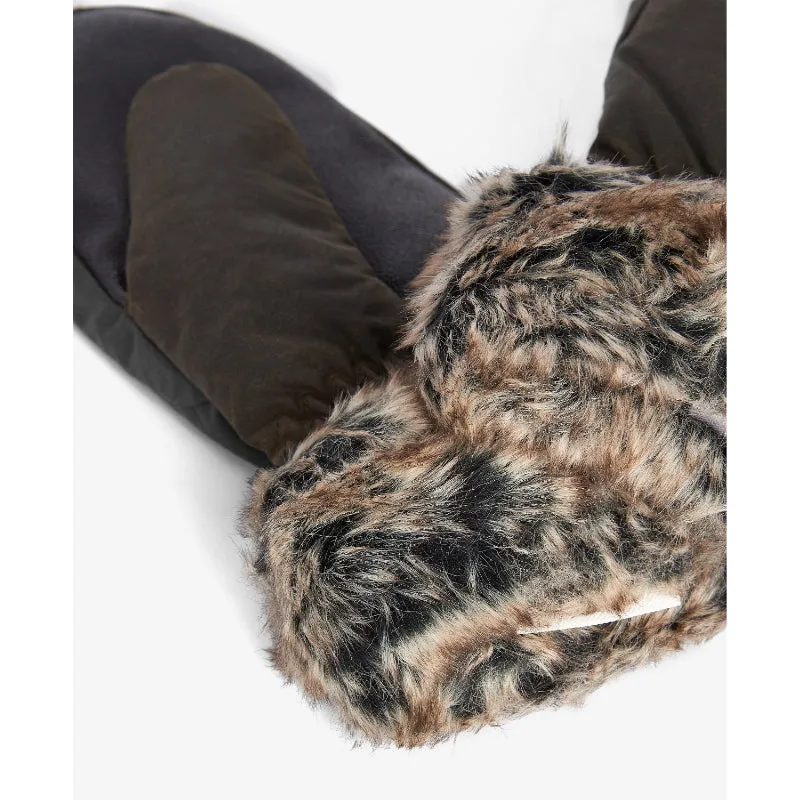 Barbour Wax Mittens with Fur Trim - Olive