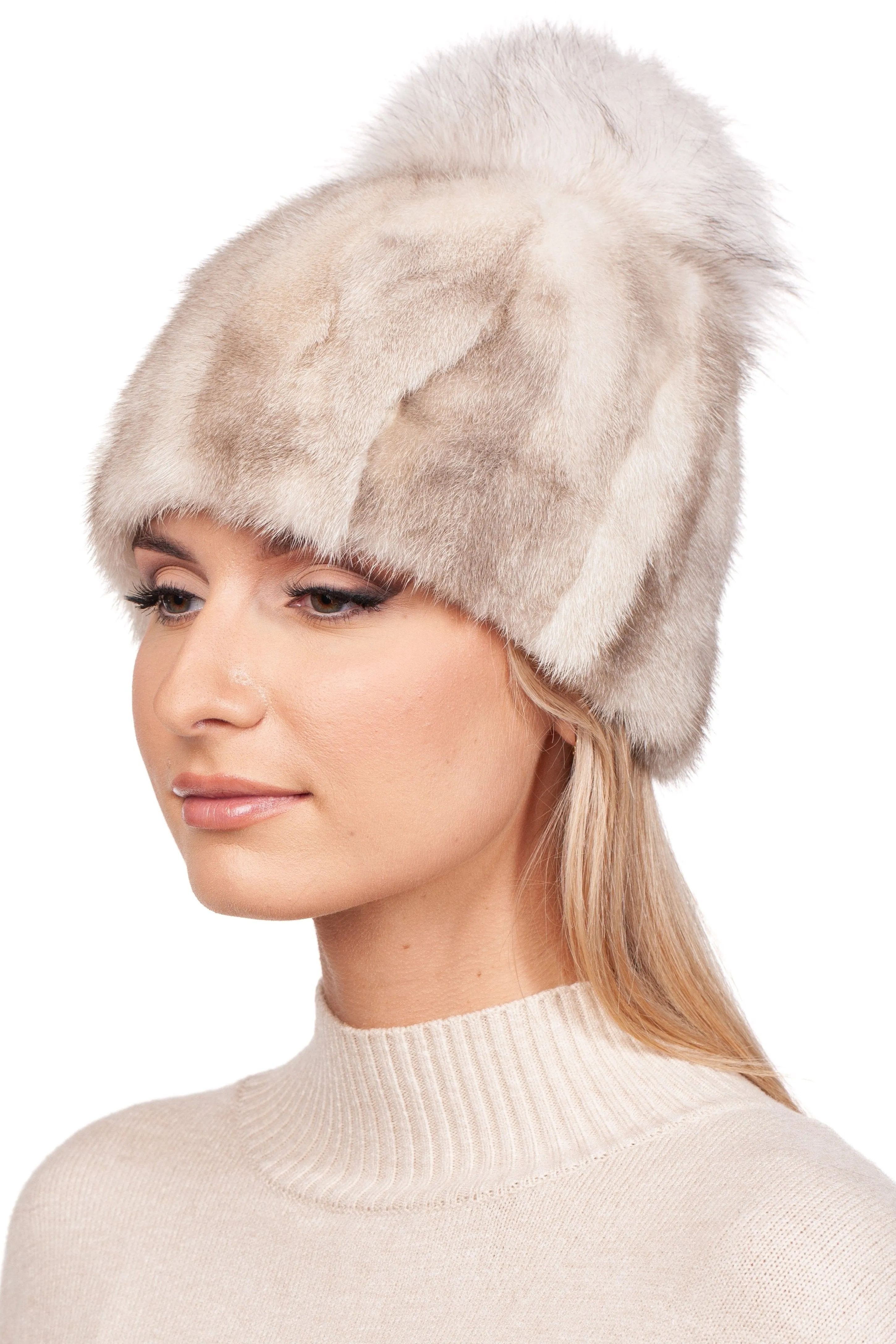 Beige Mink Fur Beanie with Fox Fur Pom Pom