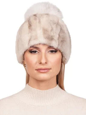 Beige Mink Fur Beanie with Fox Fur Pom Pom