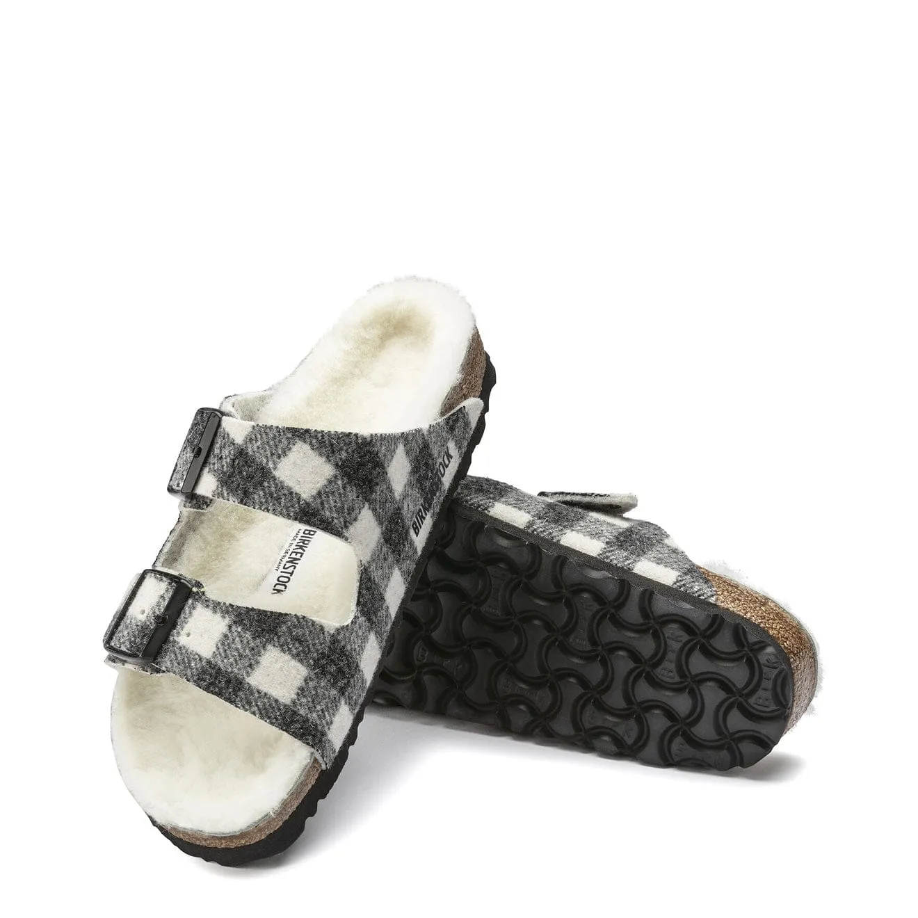 Birkenstock Womens Arizona Shearling Wool Narrow Sandal Plaid White