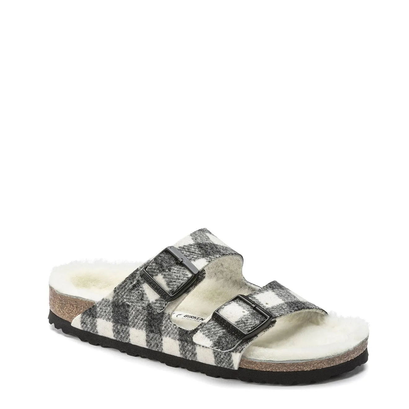 Birkenstock Womens Arizona Shearling Wool Narrow Sandal Plaid White