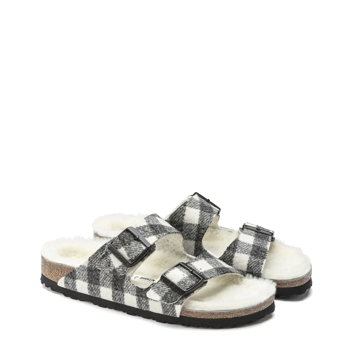 Birkenstock Womens Arizona Shearling Wool Narrow Sandal Plaid White