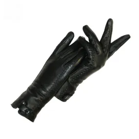 Black Genuine Leather Fur Lined Winter Gloves