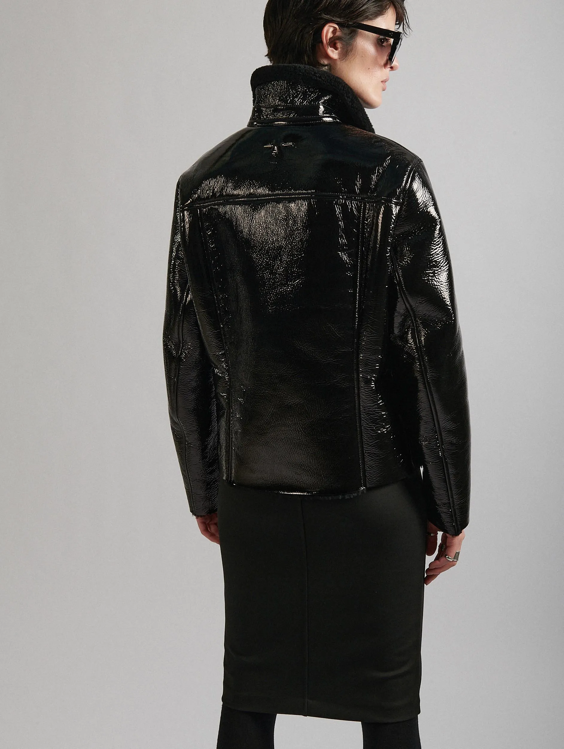 Black naplack shearling biker jacket