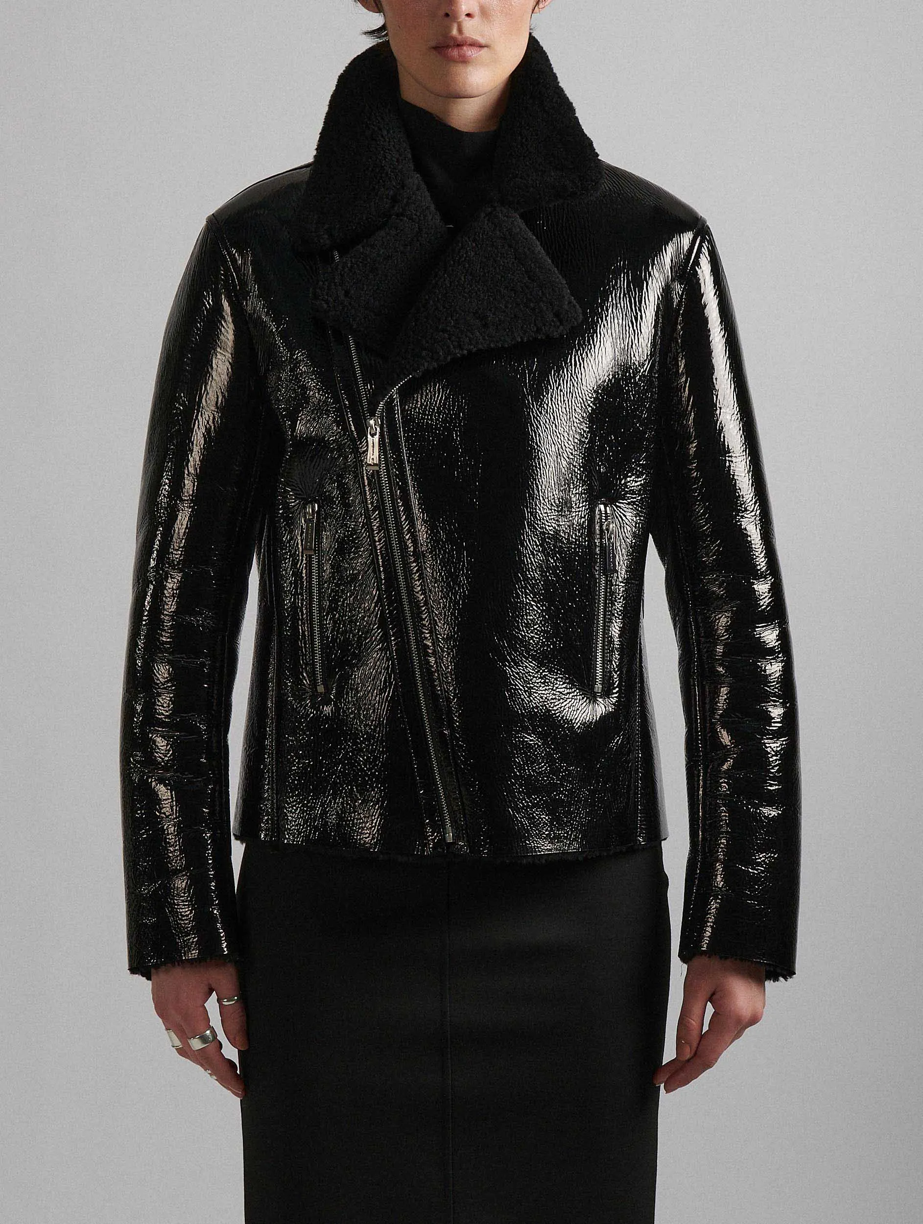 Black naplack shearling biker jacket