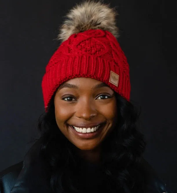 Cable Knit Pom Hat | Red, Beige