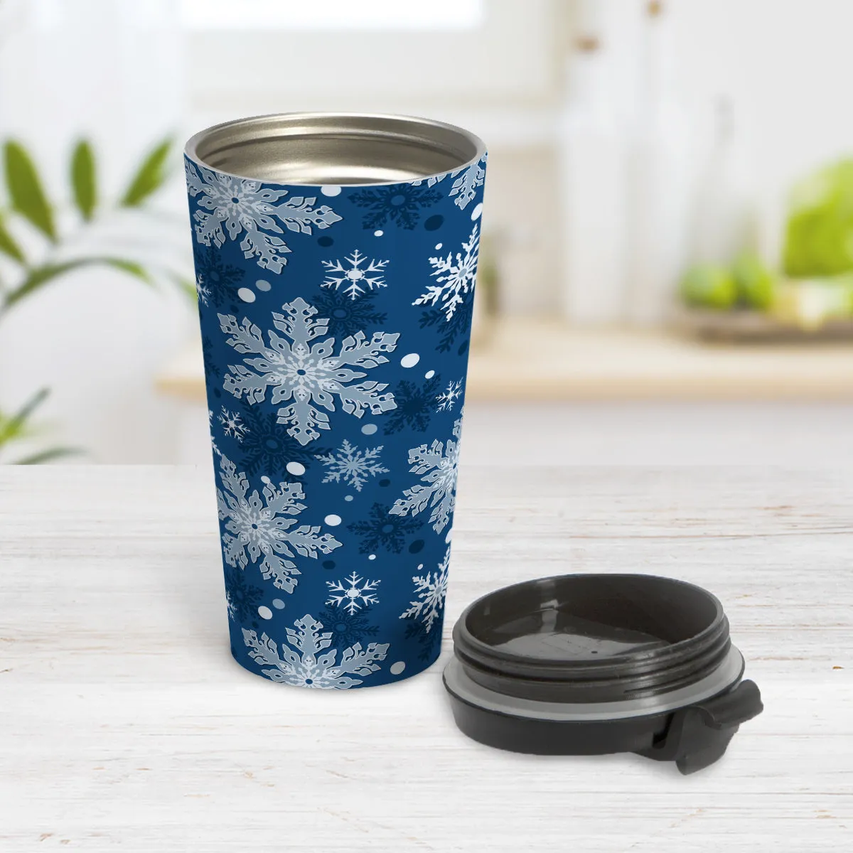 Classic Blue Snowflake Pattern Winter Travel Mug