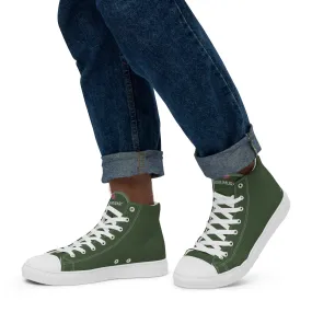 Dark Green Men's High Tops, Solid Green Color Men’s High Top Sneakers Canvas Tennis Shoes With White Laces and Faux Leather Toe Caps (US Size: 5-13)