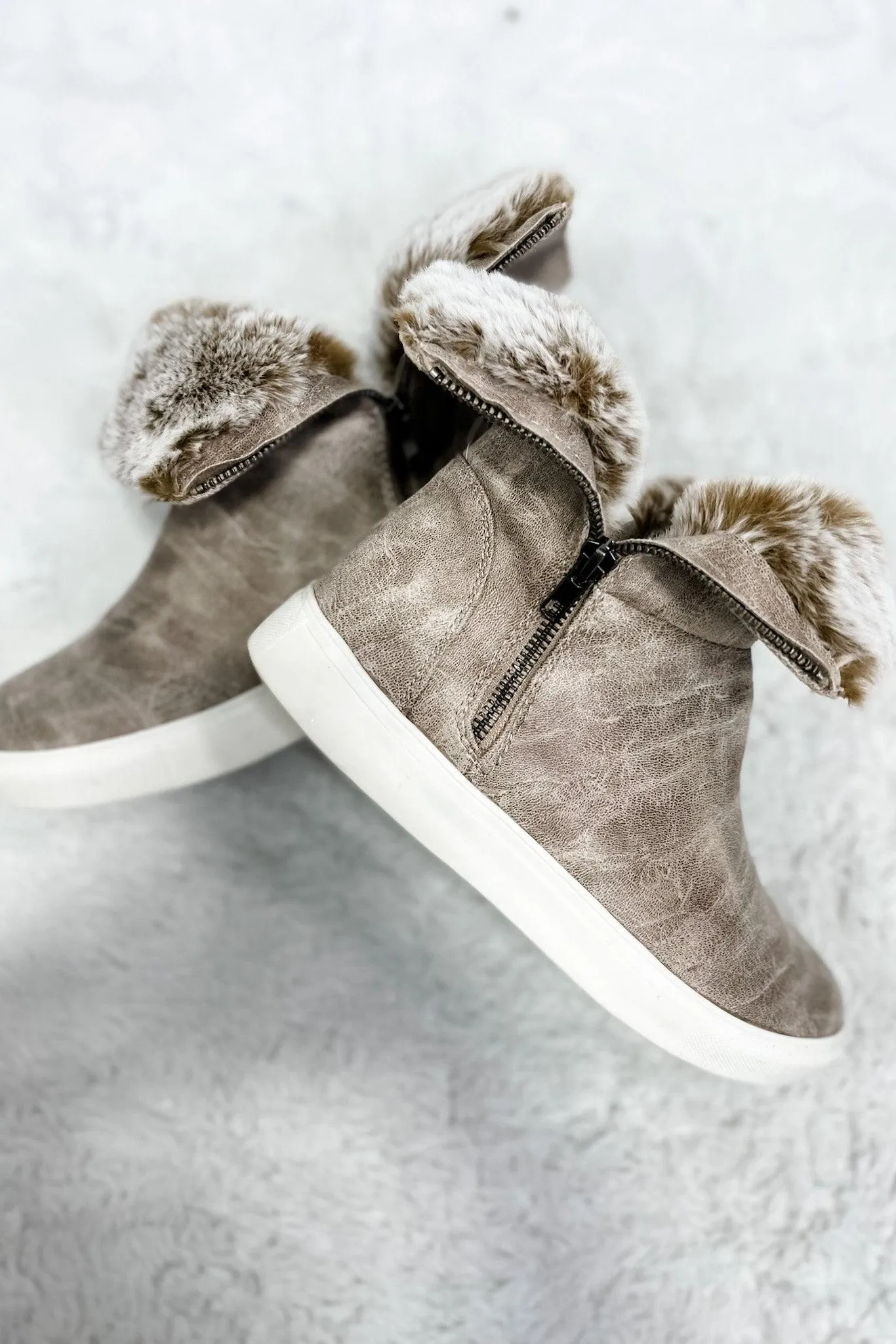 Feet FURst- Tan Zip-Up Sneakers w/ Fold Over Faux Fur Detail