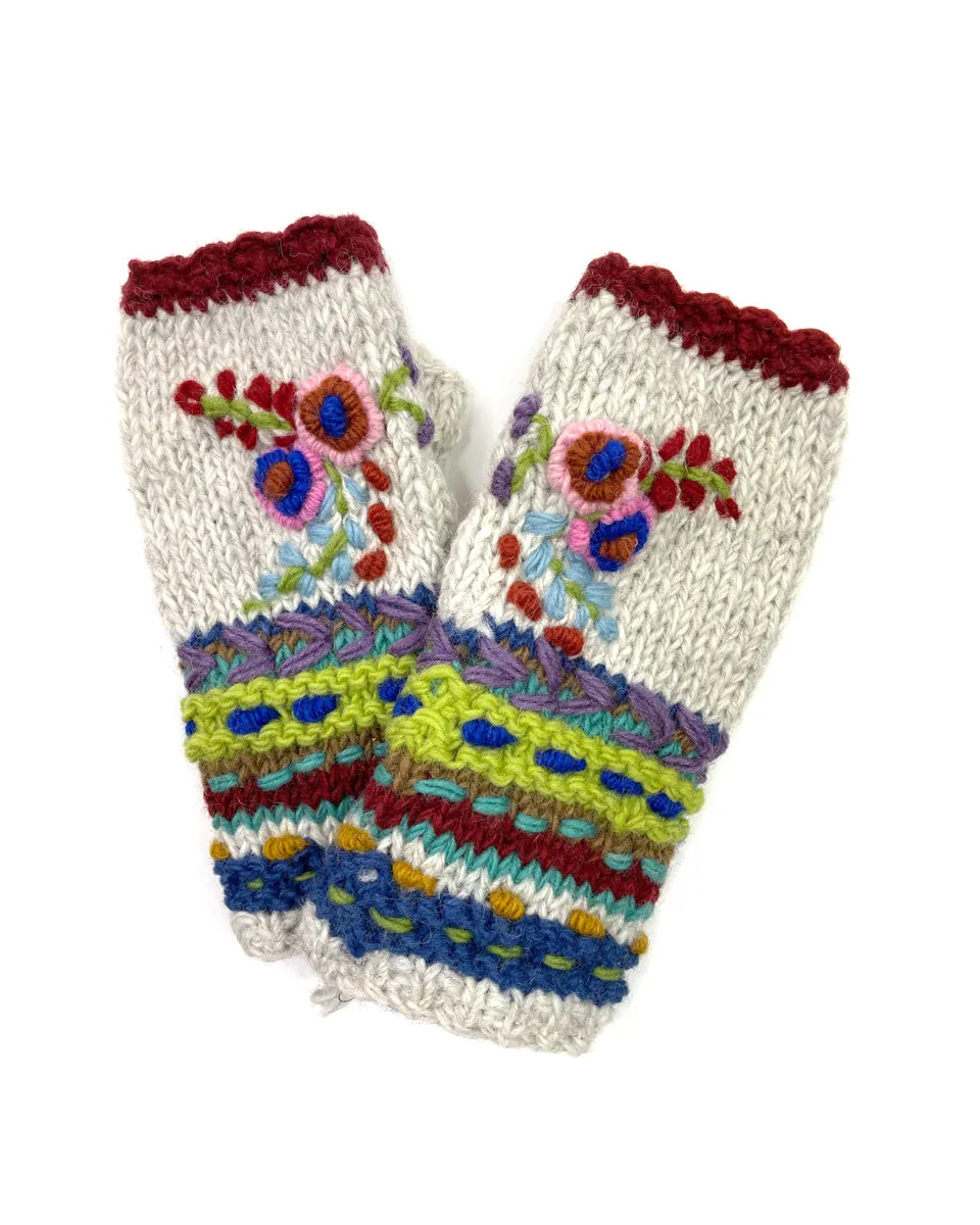 Flower Embroidered Fingerless Gloves