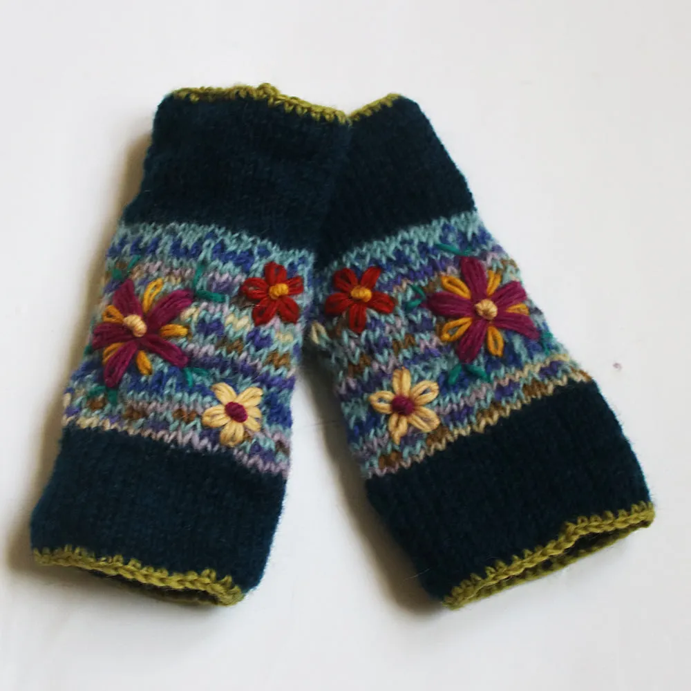 Flower Embroidered Knitted Wool Wrist Warmers