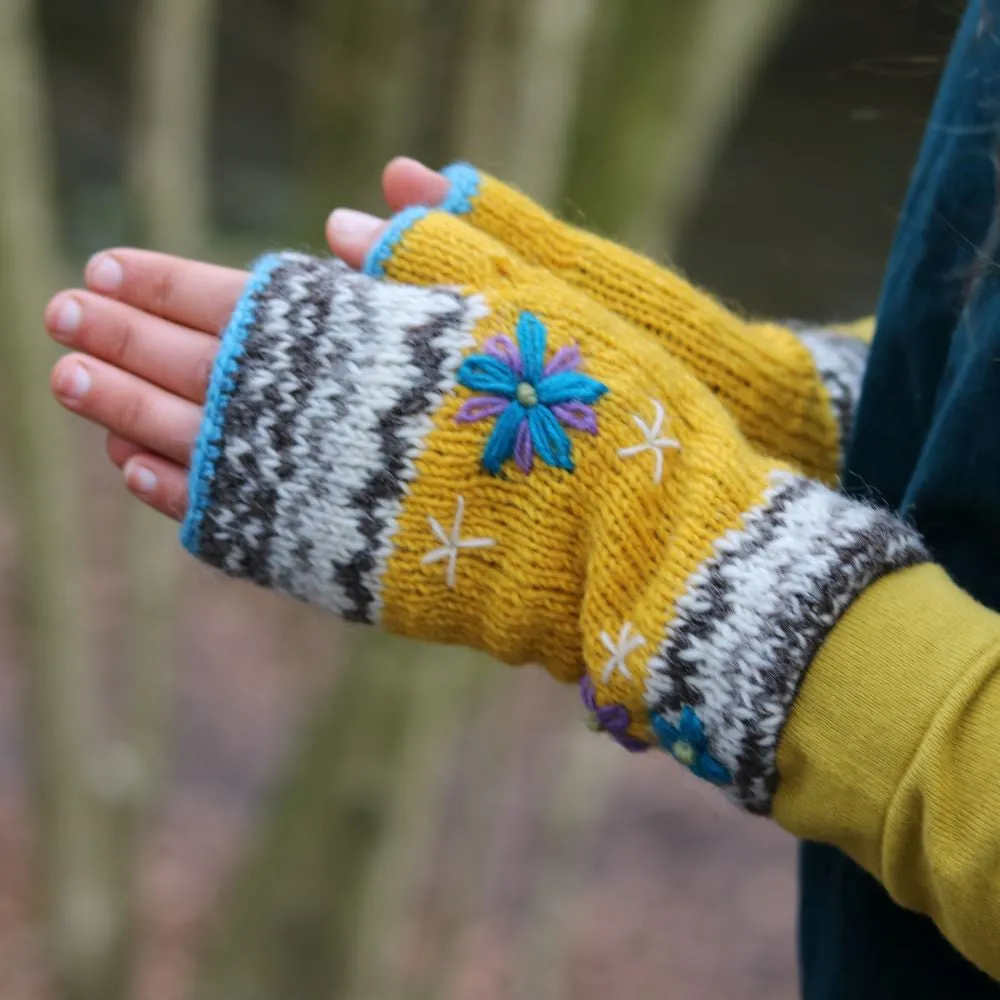 Flower Embroidered Knitted Wool Wrist Warmers