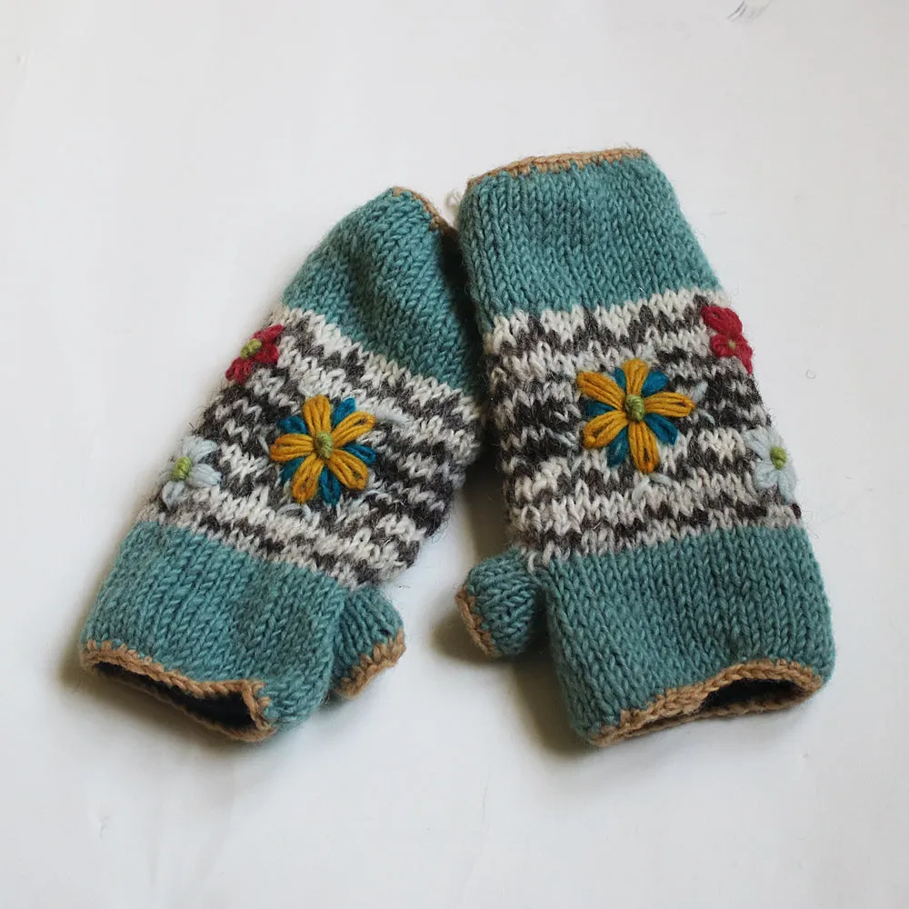 Flower Embroidered Knitted Wool Wrist Warmers