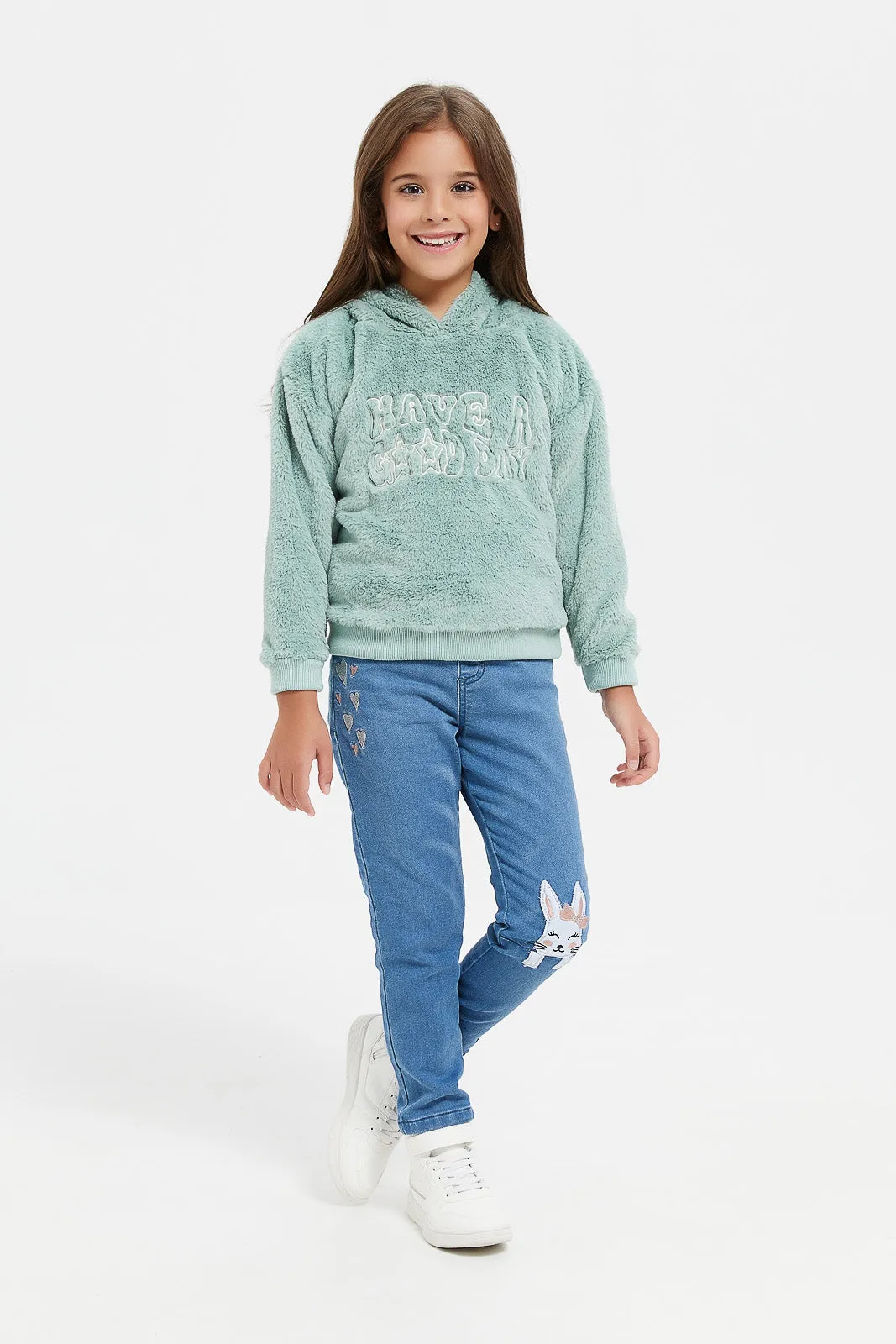 Girls Mint Fur Embellished Sweatshirt