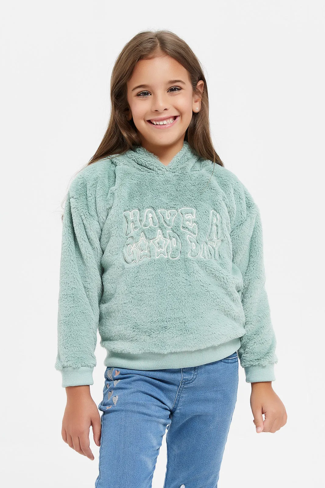 Girls Mint Fur Embellished Sweatshirt