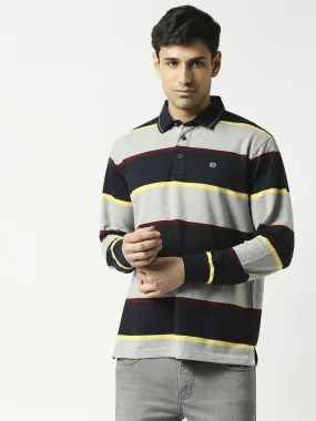 Grey & Navy Full Sleeves Polo T-shirt