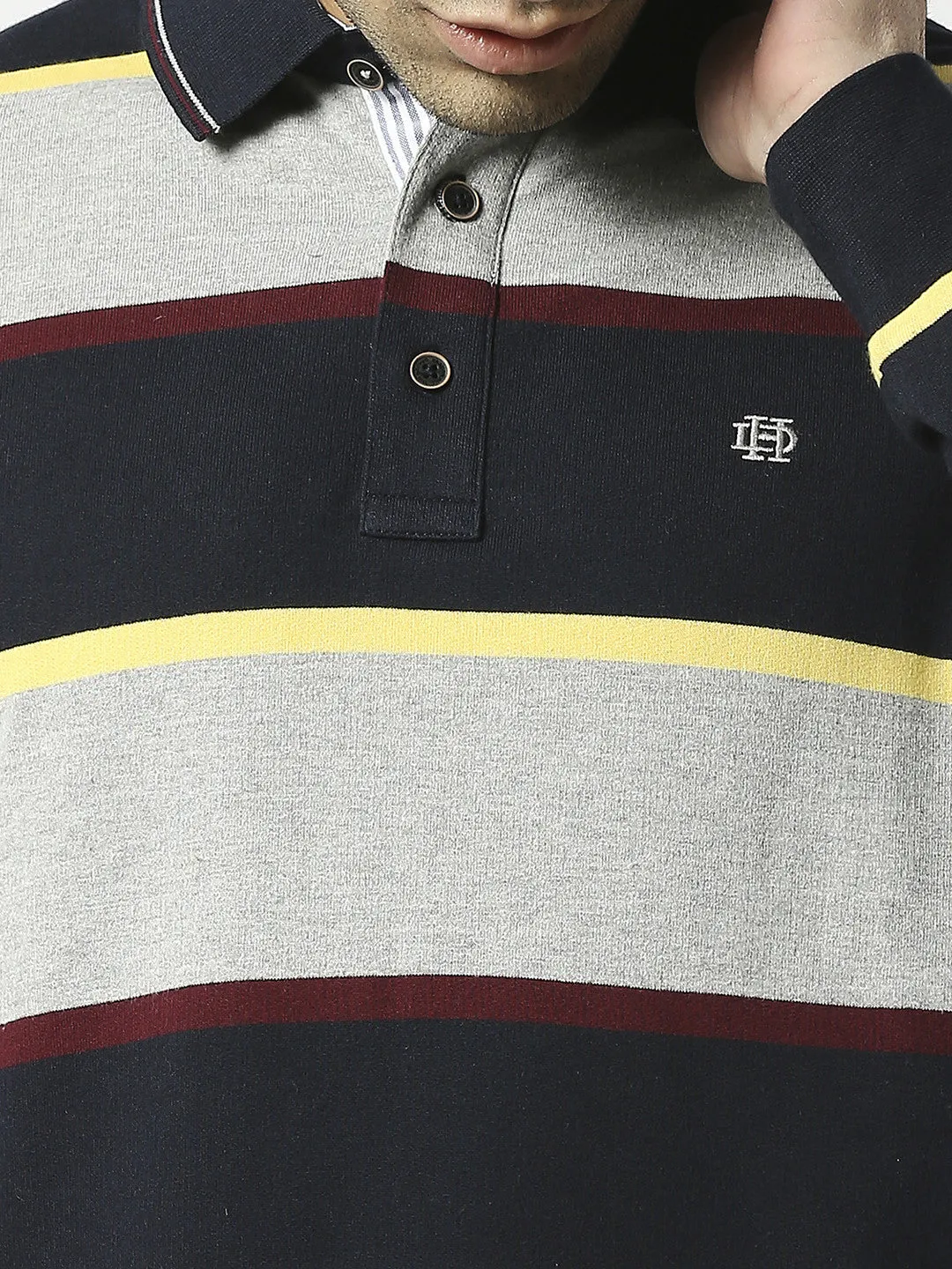 Grey & Navy Full Sleeves Polo T-shirt