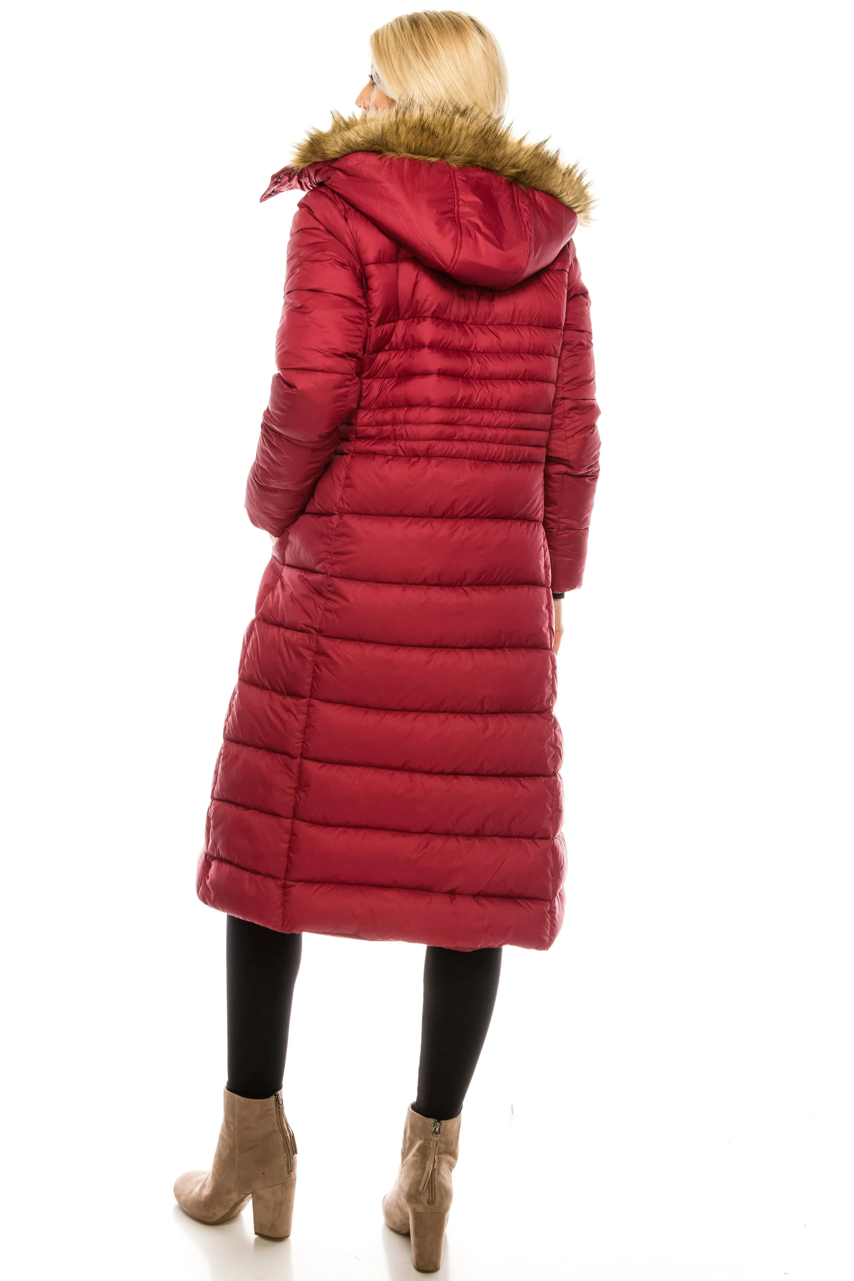 Haute Edition Women's Maxi Length Quilted Puffer with Fur Lined Hood