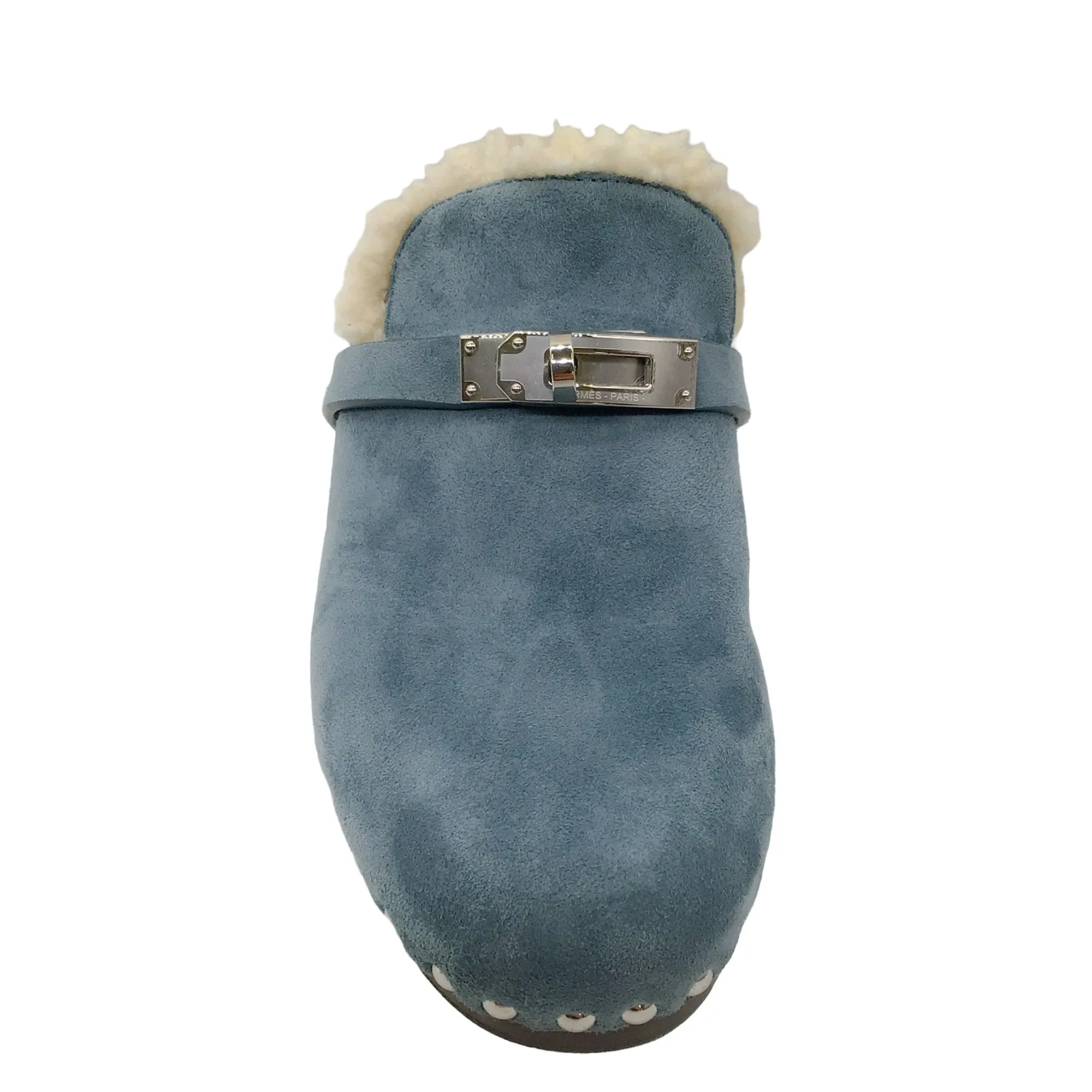 Hermes Light Blue Suede Goatskin Shearling Lined Carlotta Mules / Clogs