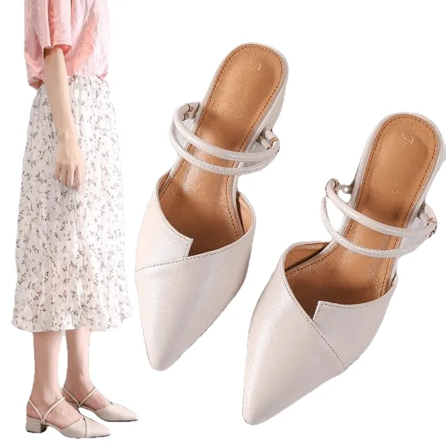 Party Chic Women Mules Slipper Pointed Toe Block Strap Closed Shallow High Heels Shoes Sandals Pumps