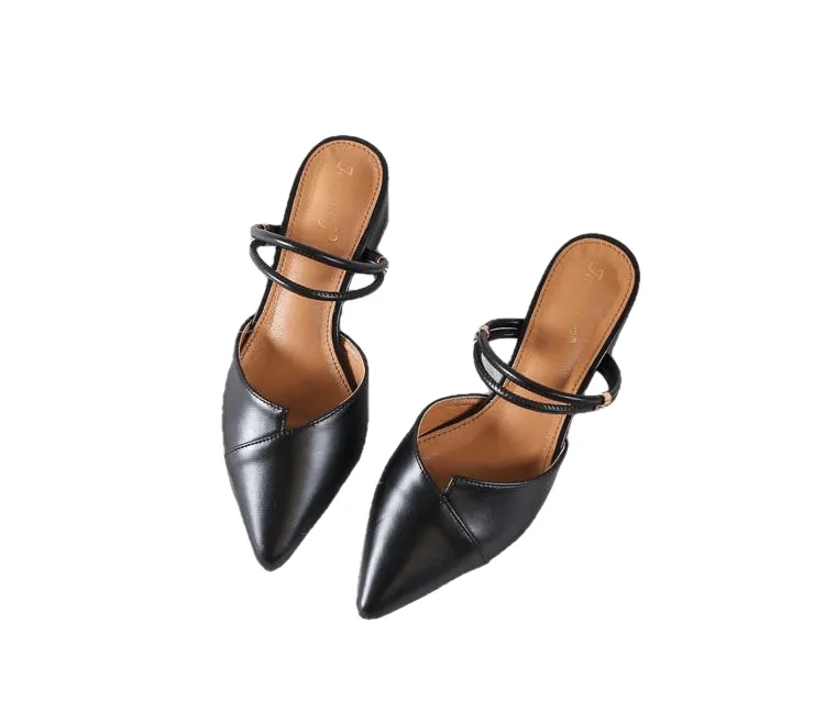 Party Chic Women Mules Slipper Pointed Toe Block Strap Closed Shallow High Heels Shoes Sandals Pumps