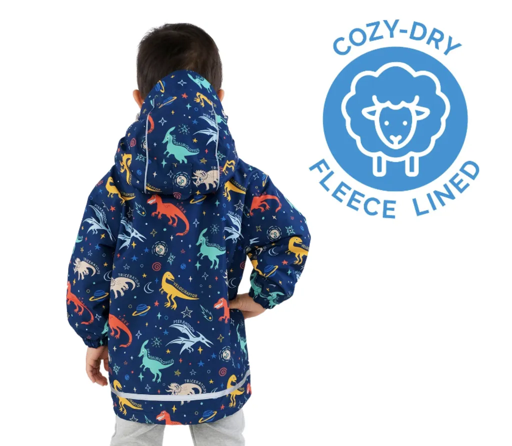 Size 1: Jan & Jul SPACE DINOS Cozy Dry Waterproof Fleece Lined Zip Up Raincoat NEW